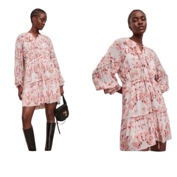 All Saints Ava Momo Frill Floral Dress Puff Sleeves V-neckline NWT Size 10 - Picture 9 of 10
